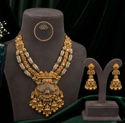 Grand Antique Bridal Long Haram Necklace Set for Women | Gold Plated Silver Temple Jewellery with Jhumka Earrings