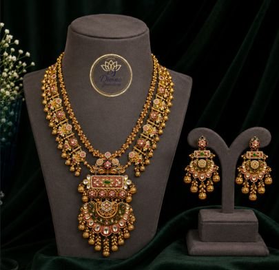 Grand Antique Bridal Necklace Set with Pink & Green Stones and Heavy Earrings for Women | Divine Jewellery