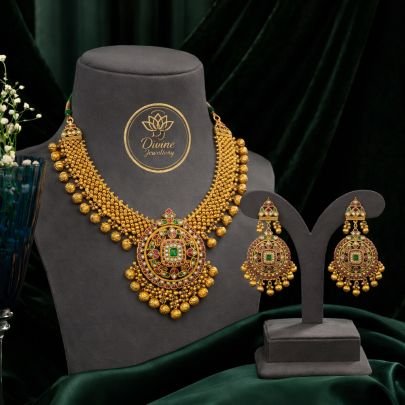 Grand Antique Gold Beaded Necklace Set with Kundan Pendant & Jhumka Earrings – 92.5 Silver Gold Plated Bridal Jewellery