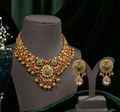 Grand Antique Temple Necklace Set with Green & Kundan Detailing – 92.5 Silver Gold Plated Bridal Jewellery | Divine Jewellery