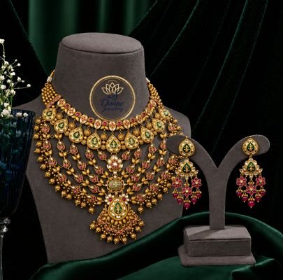 Grand Bridal Layered Temple Necklace Set with Meenakari & Kundan Work – 92.5 Silver Gold Plated Jewellery