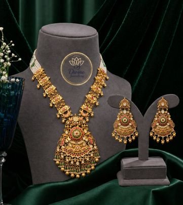 Grand Bridal Long Haram Necklace Set with Temple Pendant & Multicolor Stone Work – 92.5 Silver Gold Plated