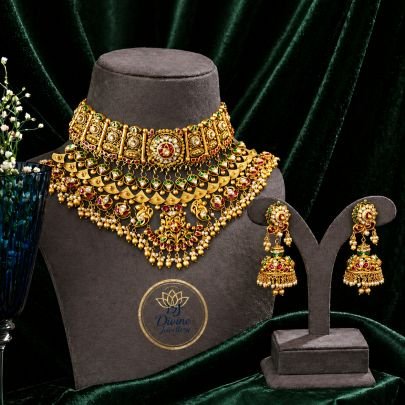 Grand Bridal Temple Choker Necklace Set with Layered Coin Design & Kundan Stones – 92.5 Silver Gold Plated Jewellery