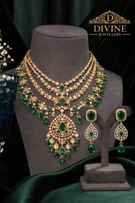 Grand Emerald Bridal Multi-Layer Necklace Set with Drop Pendant in 92.5 Silver Gold Plated | Divine Jewellery