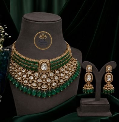 Grand Emerald Kundan Bridal Choker Set with Earrings – 92.5 Silver Gold Plated