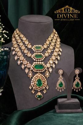 Grand Emerald Layered Bridal Necklace Set with Statement Pendant in 92.5 Silver Gold Plated | Divine Jewellery