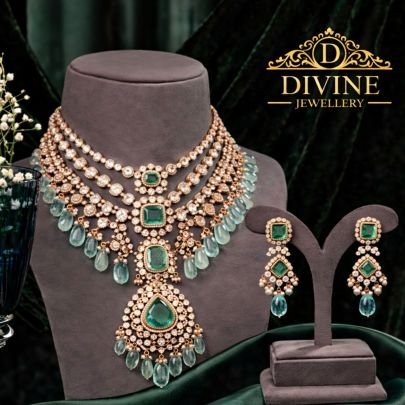 Grand Emerald Multi-Layer Bridal Necklace Set with Aqua Drops in 92.5 Silver Rose Gold Plated | Divine Jewellery