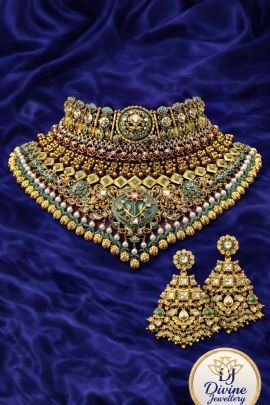 Grand Heritage Meenakari Temple Choker Set with Jhumka Earrings – 92.5 Silver Gold Plated Bridal Jewellery