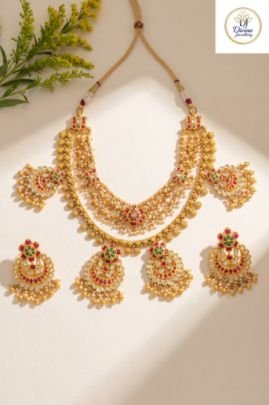 Grand Kundan Bridal Necklace Set with Matching Earrings & Maang Tikka in 92.5 Silver with Gold Plating