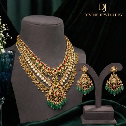 Grand Multi-Layer Kundan Bridal Necklace Set with Emerald Drops | 92.5 Silver Gold Plated Heritage Jewellery Set by Divine Jewellery