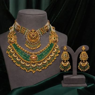 Grand Multi-Layer Temple Necklace Set with Green Beads & Kundan Work – 92.5 Silver Gold Plated Bridal Jewellery | Divine Jewellery