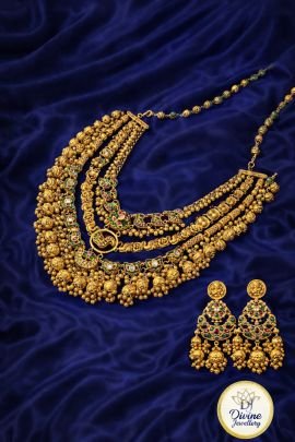 Grand Multi-Layer Temple Necklace Set with Jhumka Earrings – 92.5 Silver Gold Plated Bridal Jewellery