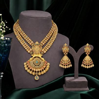 Grand Multilayer Temple Necklace Set with Statement Pendant – 92.5 Silver Gold Plated Bridal Jewellery | Divine Jewellery