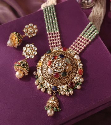 Grand Navratna Pendant Necklace Set with Multi-Strand Beads – 92.5 Silver Gold Plated Bridal Jewellery | Divine Jewellery