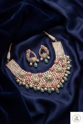 Grand Polki Bridal Choker Necklace Set with Emerald Drops & Pearls | 92.5 Silver Gold Plated | Divine Jewellery