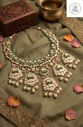 Grand Polki Bridal Necklace Set with Emerald Accents & Pearl Drops in 92.5 Silver Gold Plated – Divine Jewellery