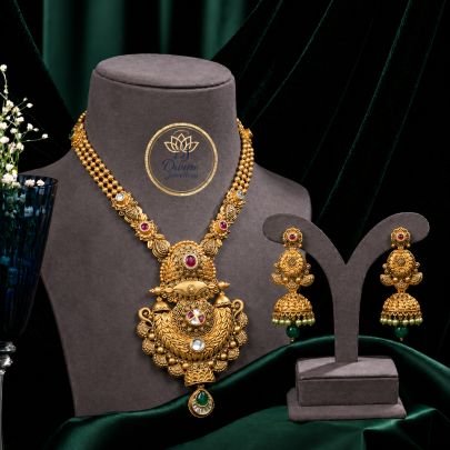 Grand Temple Antique Necklace Set with Earrings in 92.5 Silver Gold Plated | Traditional Bridal Statement Jewellery – Divine Jewellery