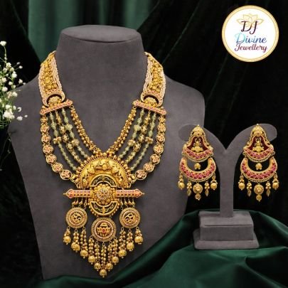 Grand Temple Bridal Necklace Set with Multi-Layer Beads & Lakshmi Motif – 92.5 Silver Gold Plated