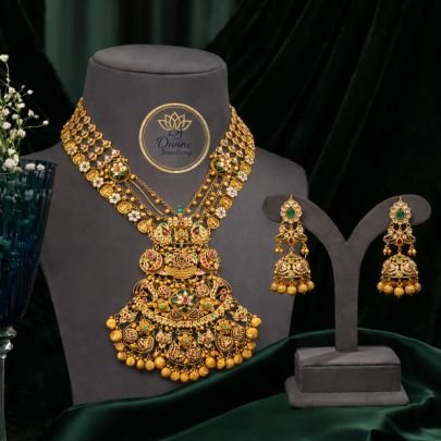 Grand Temple Haram Necklace Set with Antique Pendant – 92.5 Silver Gold Plated Bridal Jewellery
