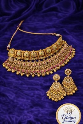 Grand Temple Kundan Choker Necklace Set with Jhumka Earrings – 92.5 Silver Gold Plated Bridal Jewellery