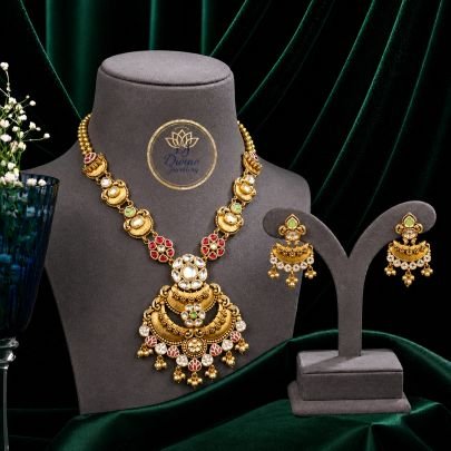 Grand Temple Kundan Necklace Set with Pendant & Earrings in 92.5 Silver Gold Plated | Bridal Traditional Jewellery – Divine Jewellery