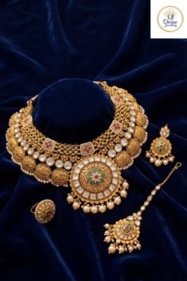 Grand Temple Kundan Necklace with Statement Pendant & Pearl Drops in 92.5 Silver with Antique Gold Finish