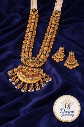 Grand Temple Long Haar Necklace Set with Jhumka Earrings – 92.5 Silver Gold Plated Bridal Heritage Jewellery