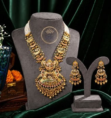 Grand Temple Long Necklace Set with Multi-Layer Beads & Antique Gold Finish – 92.5 Silver Gold Plated Bridal Jewellery