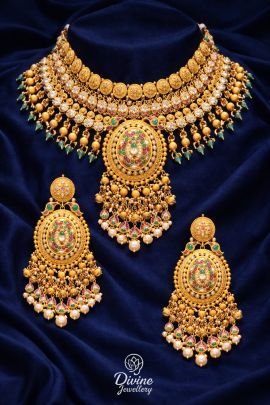 Grand Temple Pendant Necklace Set with Statement Earrings – 92.5 Silver Gold Plated Bridal Jewellery