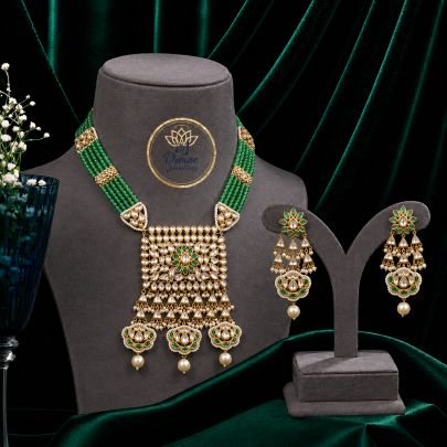Green Beaded Kundan Bridal Necklace Set with Earrings in 92.5 Silver Gold Plated | Pearl Drop Traditional Jewellery – Divine Jewellery