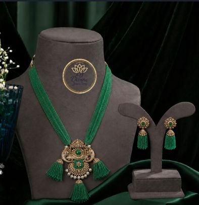 Green Beaded Tassel Necklace Set with Earrings for Women | Antique Gold Plated Ethnic Jewellery | Divine Jewellery