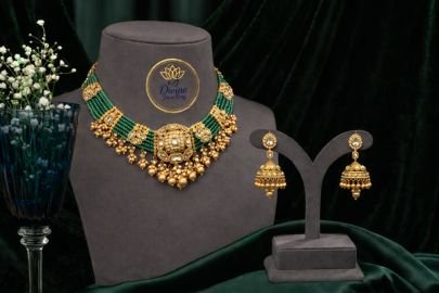 Green Beaded Temple Choker Necklace Set with Jhumka Earrings – 92.5 Silver Gold Plated Bridal Jewellery