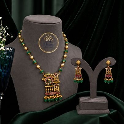 Green Beaded Temple Pendant Necklace Set with Antique Motif & Pearl Drops – 92.5 Silver Gold Plated Jewellery