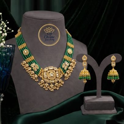 Green Multi-Layer Beaded Necklace Set with Antique Pendant & Jhumka Earrings – 92.5 Silver Gold Plated Jewellery