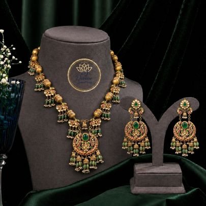 Green Stone Beaded Necklace Set with Statement Pendant & Pearl Drops – 92.5 Silver Gold Plated Jewellery