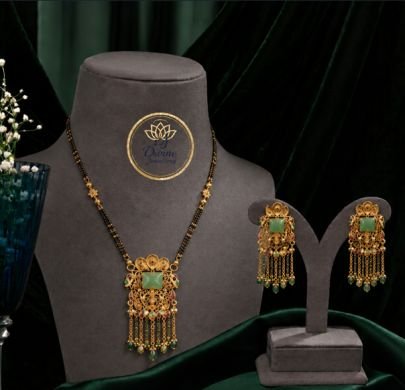Green Stone Black Beads Mangalsutra Set with Earrings for Women | Antique Gold Plated Traditional Jewellery | Divine Jewellery