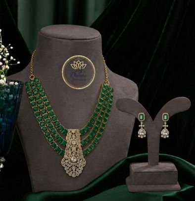 Green Stone Layered Necklace Set with Earrings for Women | Antique Gold Plated Designer Jewellery | Divine Jewellery