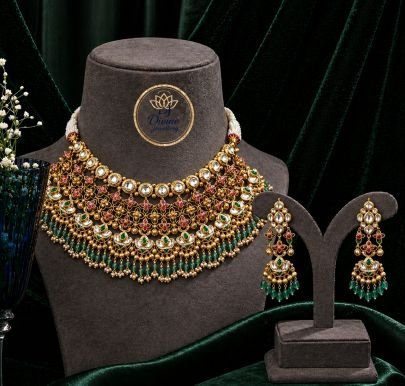 Heavy Kundan Layered Bridal Choker Necklace Set with Green Drops – 92.5 Silver Gold Plated Jewellery