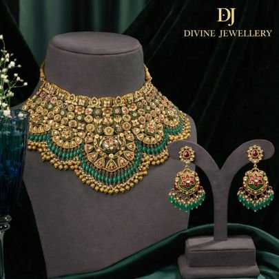 Heavy Rajwadi Kundan Choker Set with Green Beads & Floral Meenakari Detailing | 92.5 Silver Gold Plated Bridal Jewellery by Divine Jewellery