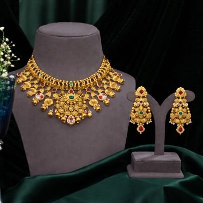 Heavy Temple Choker Necklace Set with Hanging Coin Drops – 92.5 Silver Gold Plated Bridal Jewellery | Divine Jewellery