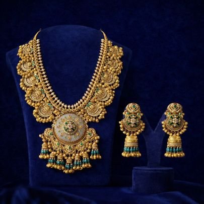 Heavy Temple Coin Necklace Set with Green Beads – 92.5 Silver Gold Plated Bridal Jewellery | Divine Jewellery