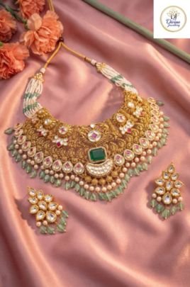 Heritage Maharani Kundan Temple Choker with Emerald & Pearl Drops in 92.5 Silver with Gold Plating