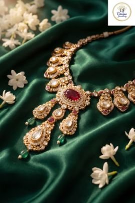 Heritage Polki Bridal Necklace with Statement Pendant in 92.5 Silver Gold Plated – Divine Jewellery