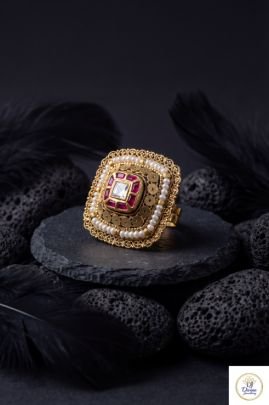 Royal Kundan Style Statement Ring with Pearl Detailing in 92.5 Silver Gold Plated | Divine Jewellery