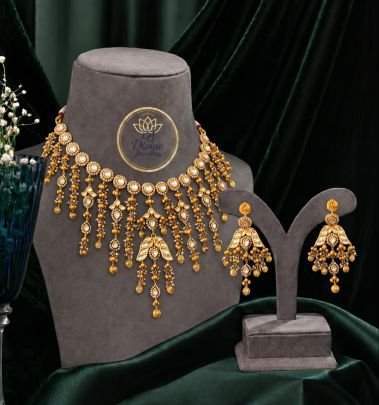 Kundan Chandbali Fringe Necklace Set with Long Drops – 92.5 Silver Gold Plated Bridal Jewellery