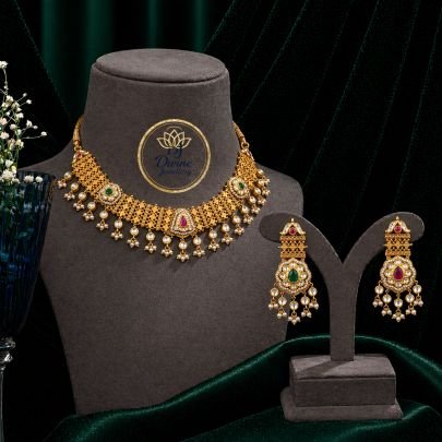Kundan Fringe Choker Necklace Set with Pearl Drops – 92.5 Silver Gold Plated