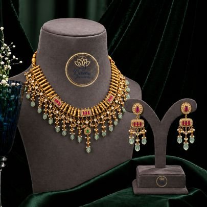 Kundan Fringe Necklace Set with Green Drop Beads & Stone Work Earrings – 92.5 Silver Gold Plated Bridal Jewellery