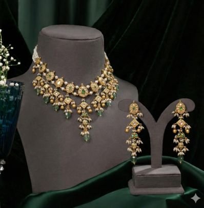 Kundan Pearl Choker Necklace Set with Green Drops – 92.5 Silver Gold Plated Traditional Jewellery | Divine Jewellery