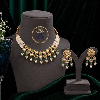 Kundan Pearl Layered Choker Necklace Set with Green Beads – 92.5 Silver Gold Plated