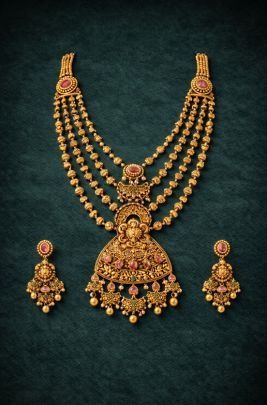 Lakshmi Temple Multi-Layer Necklace Set with Ruby Accents in 92.5 Silver Gold Plated – Divine Jewellery